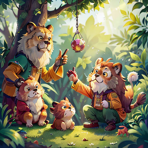 a group of animals that are standing in the grass near a tree and a person holding a lantern in their hand
