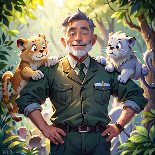 a man in a green uniform holding a tiger and a tiger cub in a jungle with trees and leaves