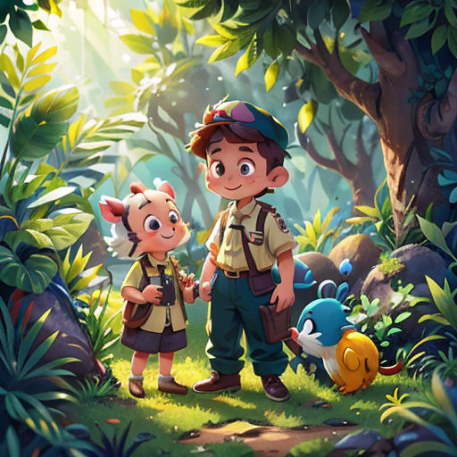 a boy and a girl are standing in the woods with a pokemon character on the ground next to them