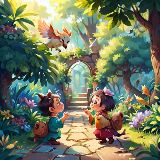 a couple of kids standing in the middle of a forest with a bird flying above them and a bird flying above them