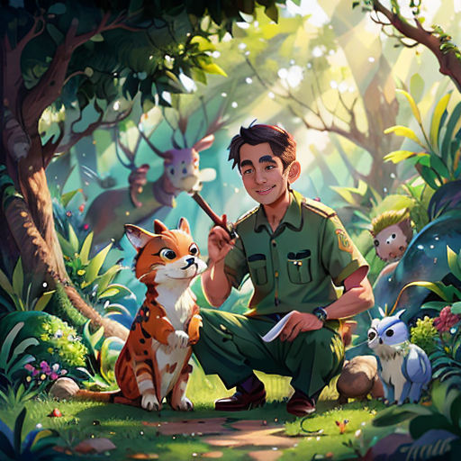 a man kneeling down next to a cat and a dog in a forest with animals around him and a forest background