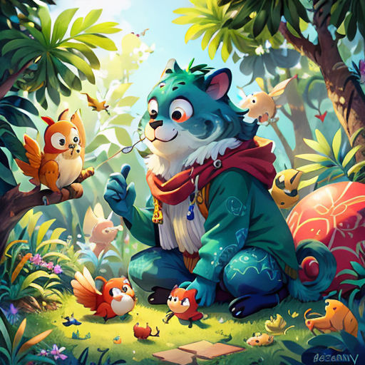 a painting of a cat sitting in the forest with other animals around him and a bird flying above him