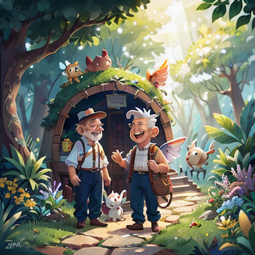 two men standing in front of a small cabin in the woods with animals around them and a dog on the ground