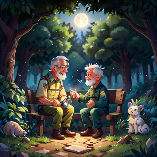 two men sitting on a bench in the woods talking to each other while a dog looks on from the bench