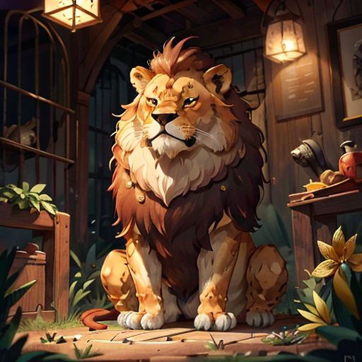 a lion sitting on a table in a room with a lamp and a window behind it, with a bird on the table