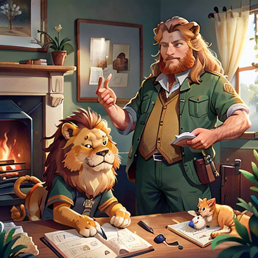 a man standing in front of a table with a lion and a cat on it, and a fire place in the background