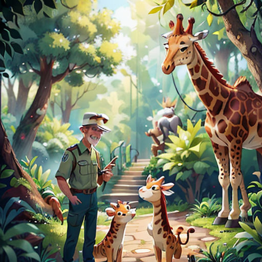 a man standing next to a giraffe and two baby giraffes in a forest with a man