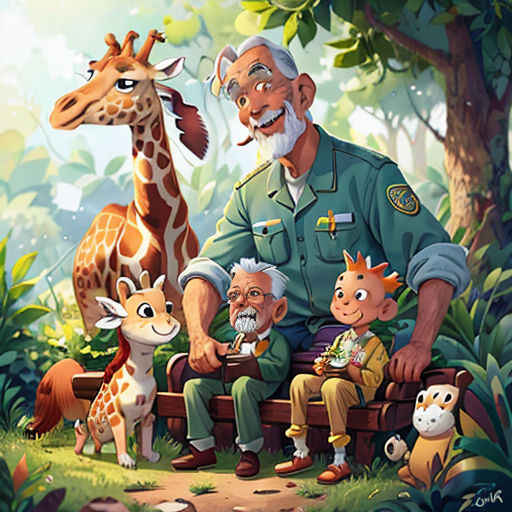 a man sitting on a bench with a group of animals in front of him and a giraffe