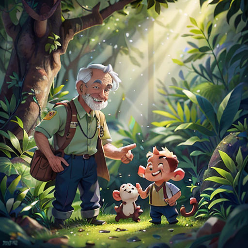 a man and a dog in a forest with a light shining on them and a tree in the background