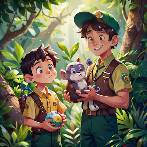 a boy and a boy holding a small animal in a jungle with a boy in a green hat and a boy in a yellow shirt