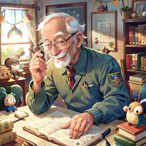 a man in a uniform is sitting at a desk with a book and a toy monkey on the table