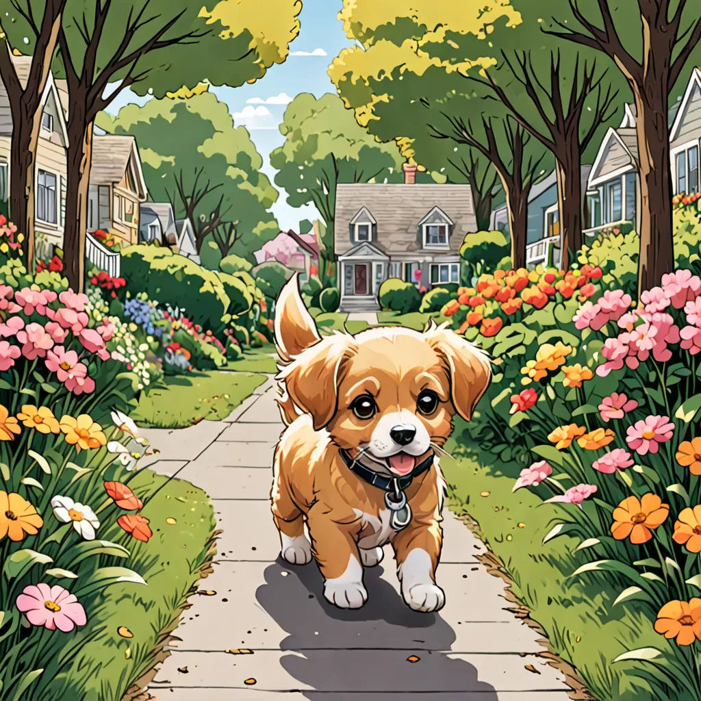 a dog is walking down a sidewalk in a neighborhood with flowers and houses in the background and a dog on a leash, american scene painting, a comic book panel, Chris LaBrooy, official art