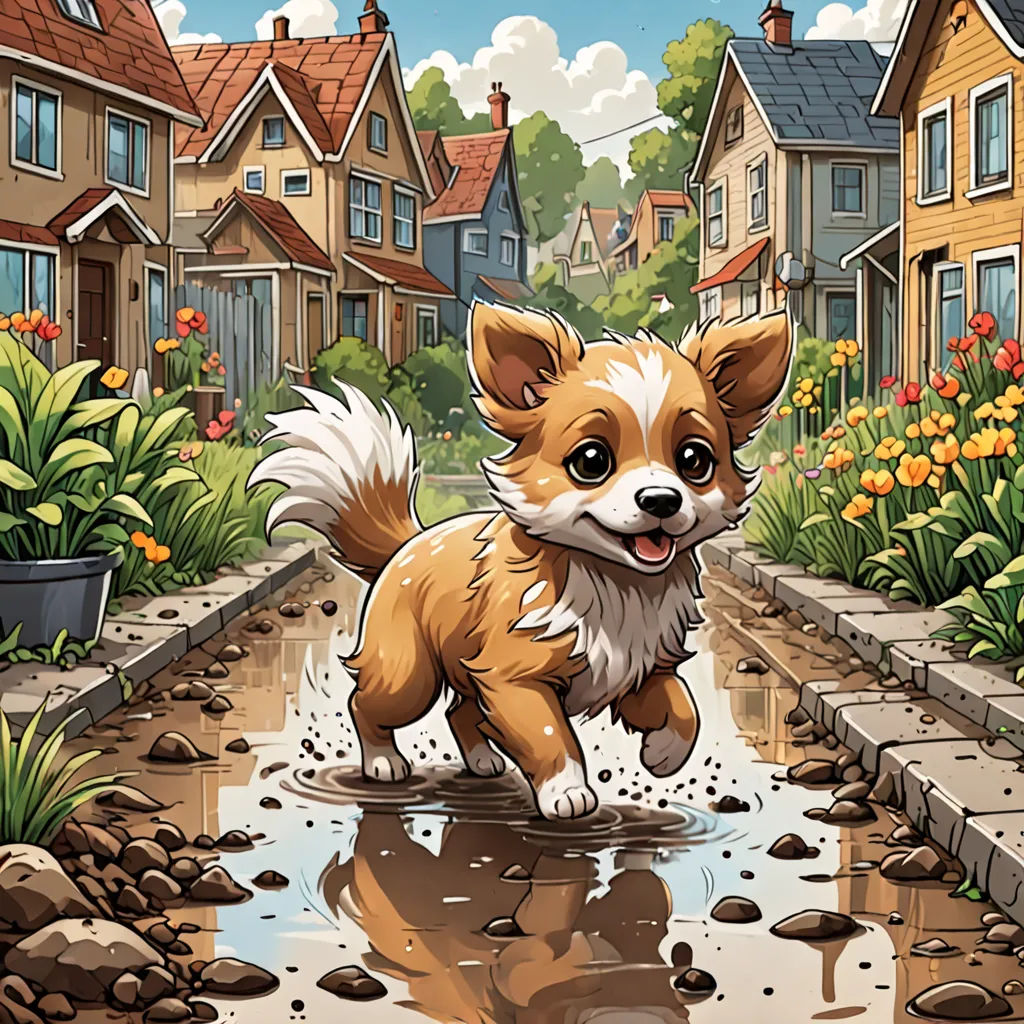 a little dog is running through a puddle of water in a neighborhood garden with flowers and houses in the background, sots art, a storybook illustration, Chris LaBrooy, game art