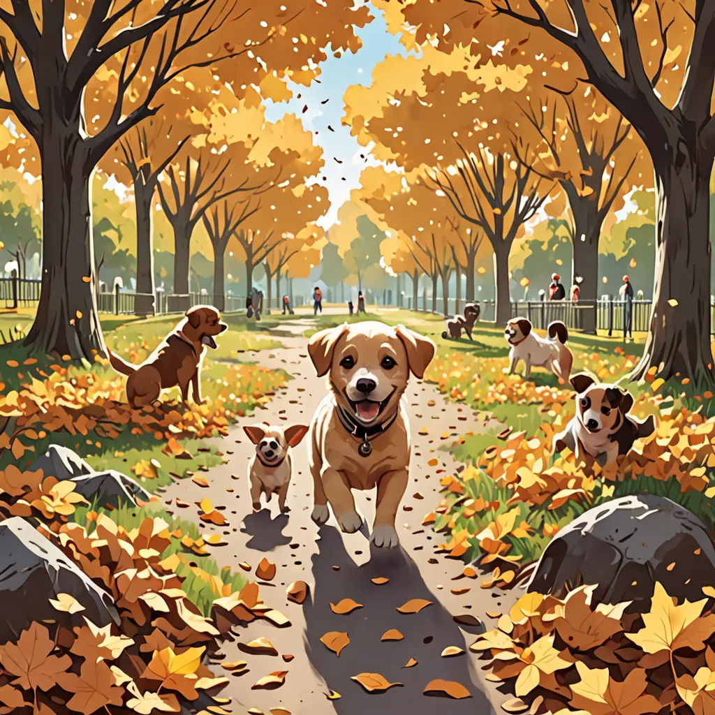 a painting of a dog and three puppies running in a park with leaves on the ground and trees, american scene painting, a storybook illustration, Chris LaBrooy, detailed illustration