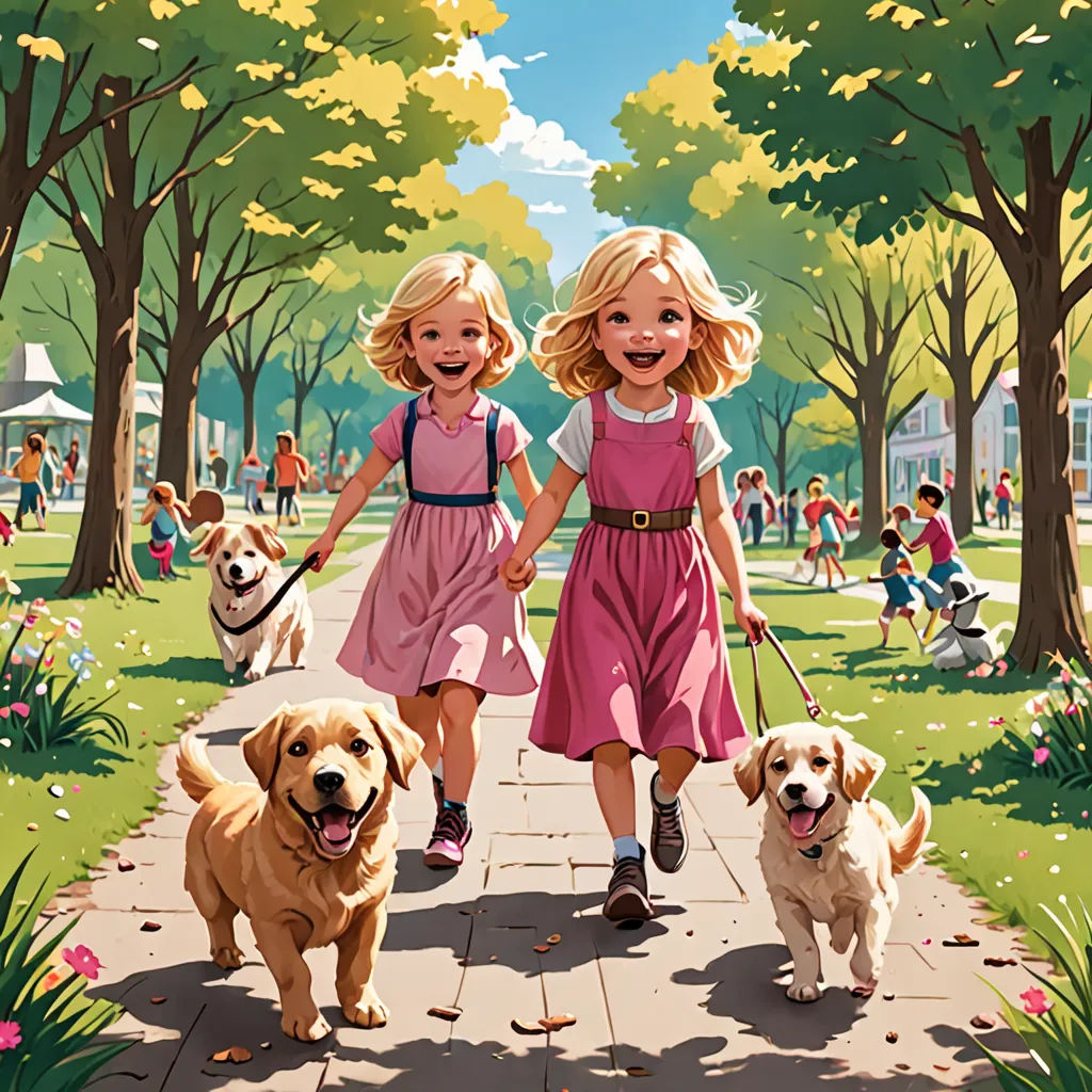 two girls walking their dogs in a park with a lot of people in the background and a dog on a leash, american scene painting, a storybook illustration, Bob Byerley, official art