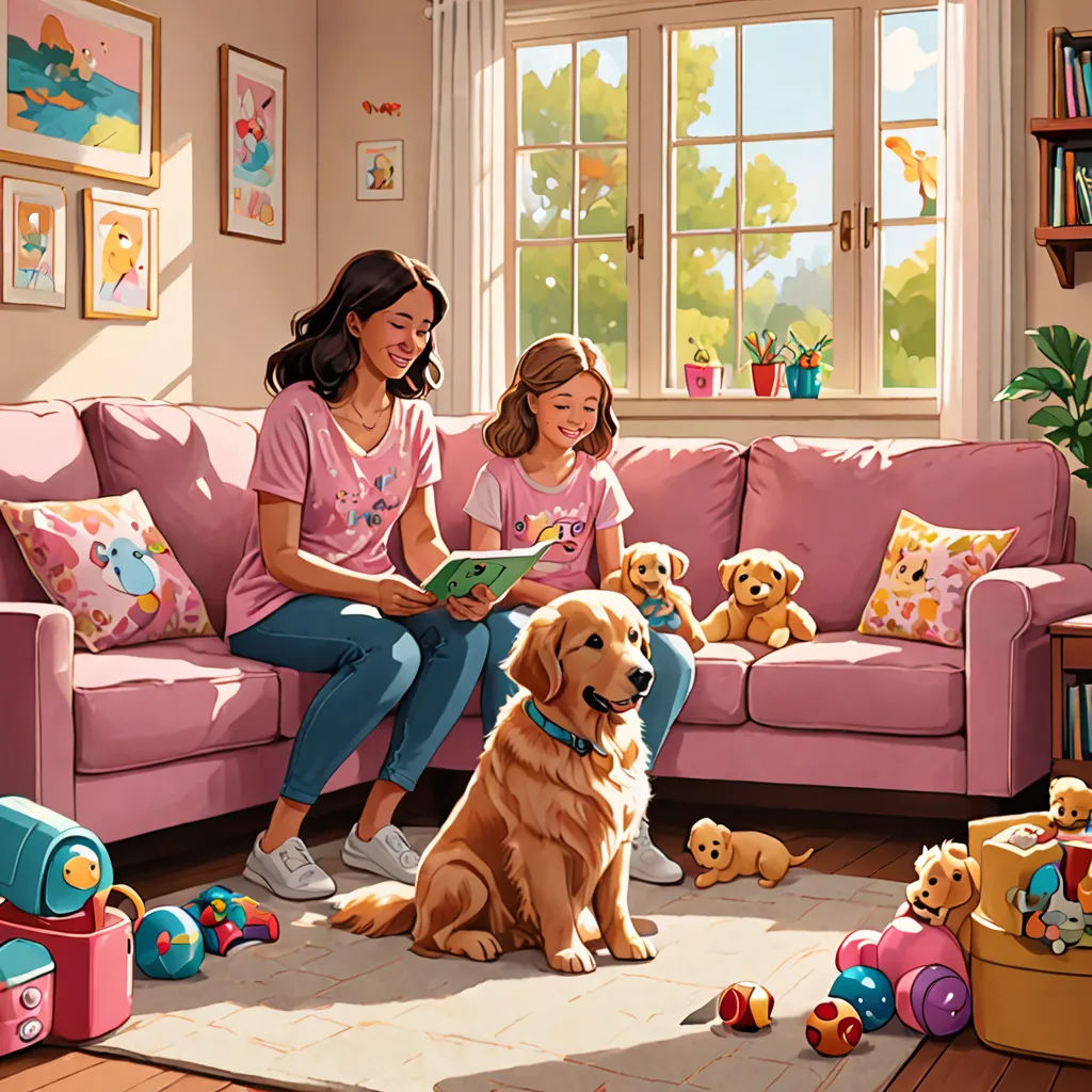 a painting of a woman and a girl sitting on a couch with a dog and a book in front of them, american scene painting, a storybook illustration, Chris LaBrooy, storybook illustration