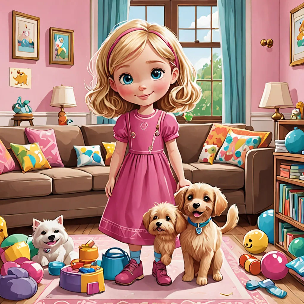a girl in a pink dress standing next to two dogs in a living room with toys and a rug, pop surrealism, a storybook illustration, Caroline Lucy Scott, highly detailed digital painting