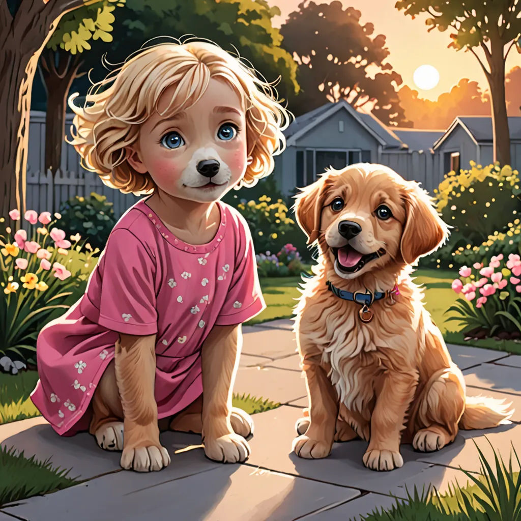 a painting of a little girl and a dog sitting on a sidewalk in front of a house with a sunset, american scene painting, a storybook illustration, Brothers Hildebrandt, kinkade