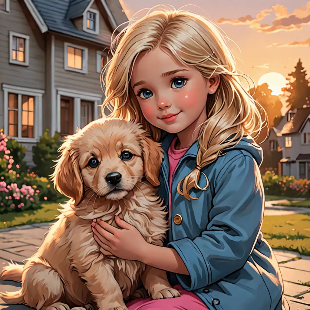 a girl is holding a puppy in front of a house with a sunset in the background and flowers in the foreground, furry art, a storybook illustration, Artgerm, kinkade
