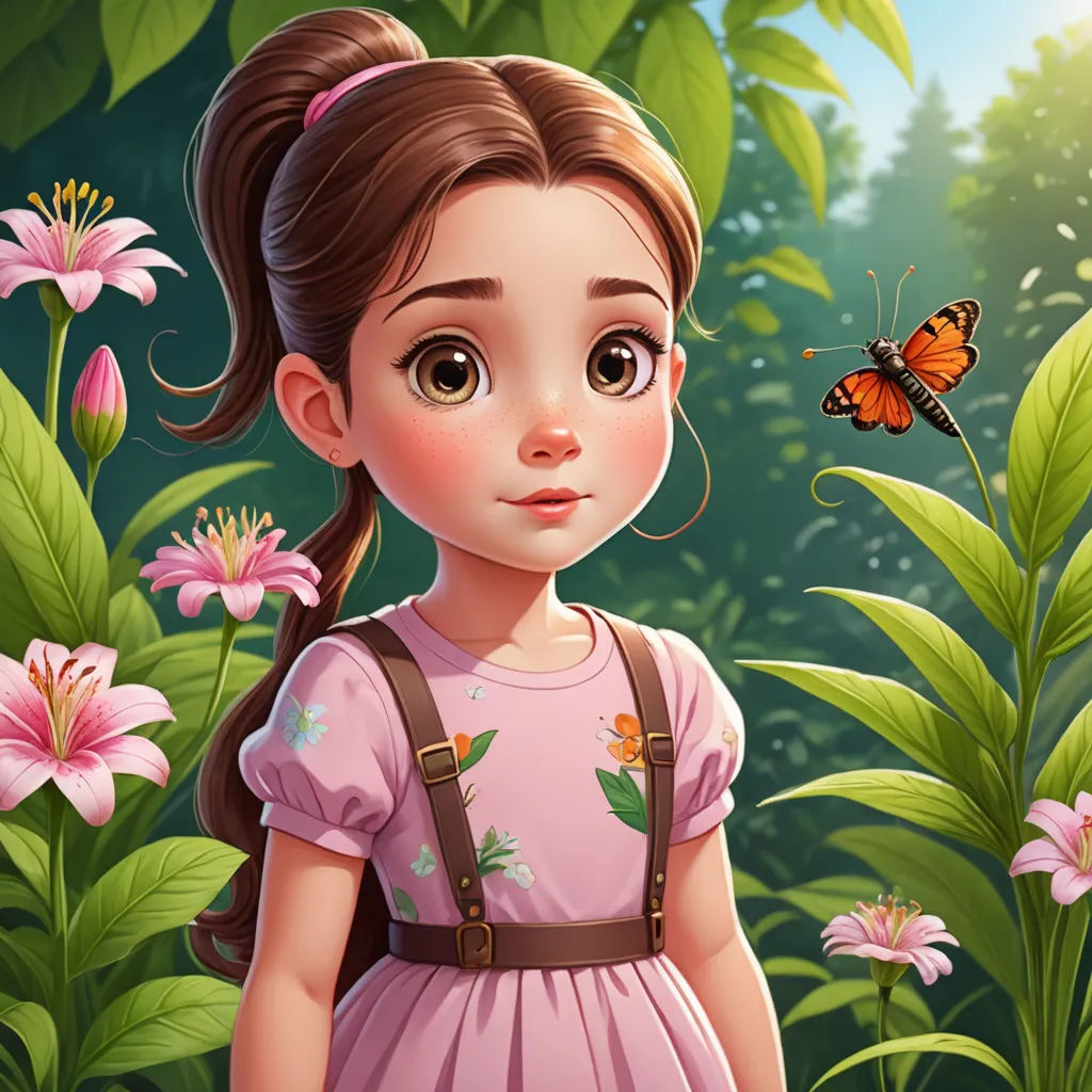 a girl in a pink dress standing in a garden with a butterfly on her shoulder and a pink flower in her hair, fantasy art, a detailed painting, Anne Said, kinkade