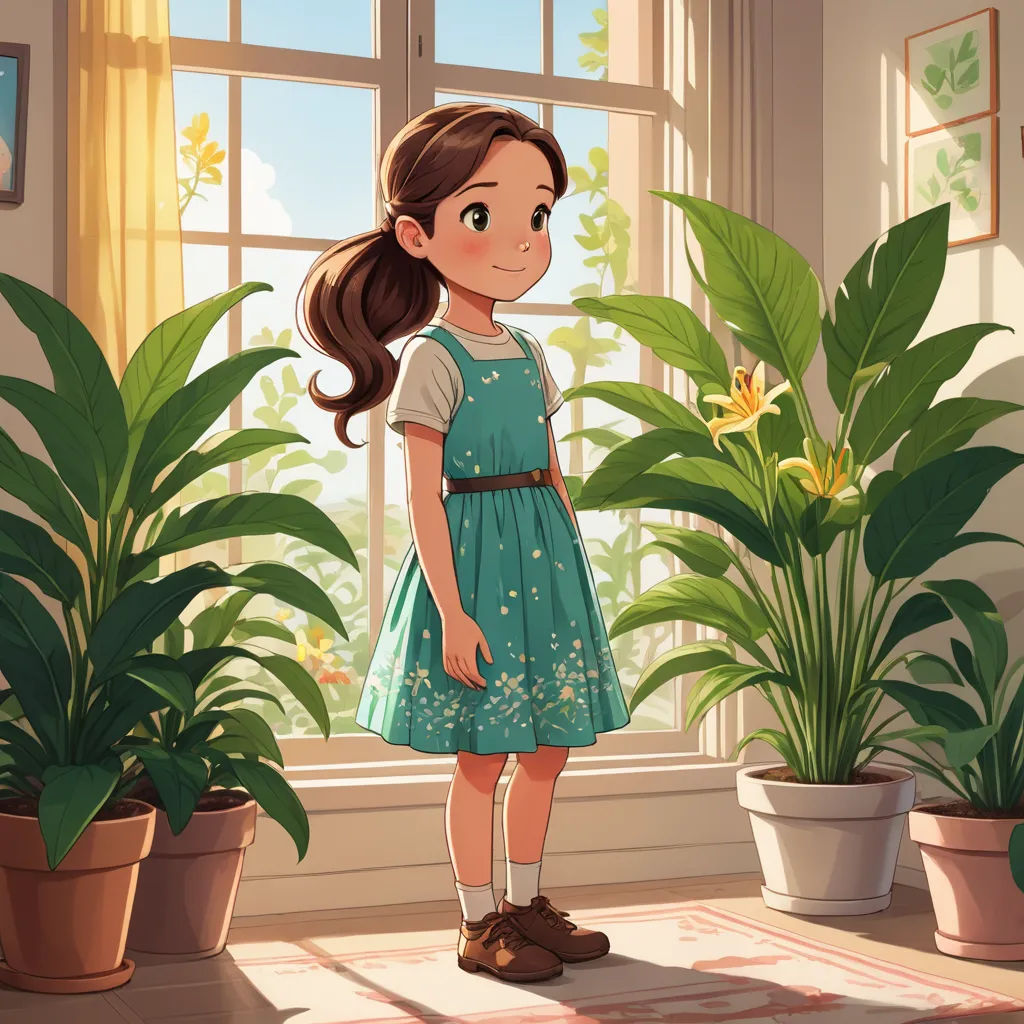 a girl standing in front of a window with a plant in front of her and a potted plant behind her, american scene painting, a storybook illustration, Clarice Beckett, hints of yayoi kasuma