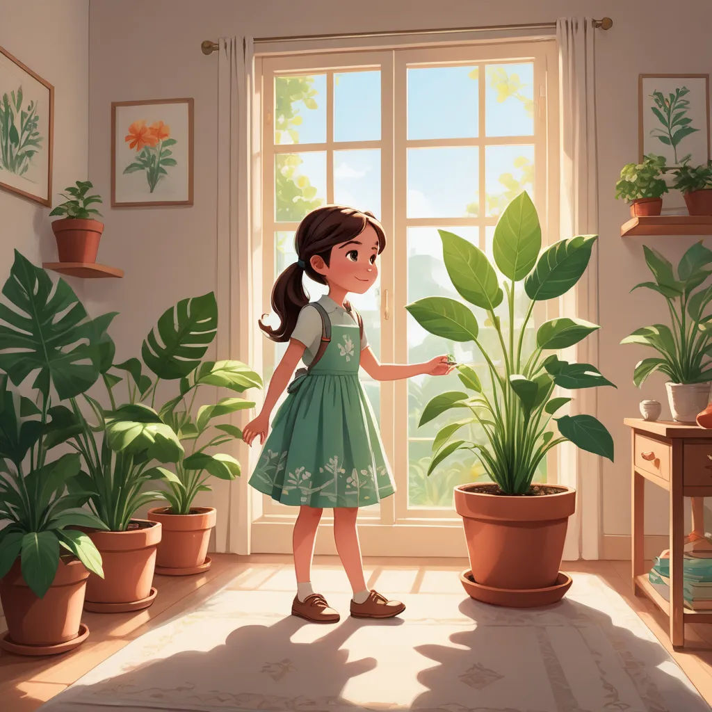 a girl standing in front of a window next to a potted plant and a potted plant in a room, plein air, a storybook illustration, Atey Ghailan, rossdraws global illumination