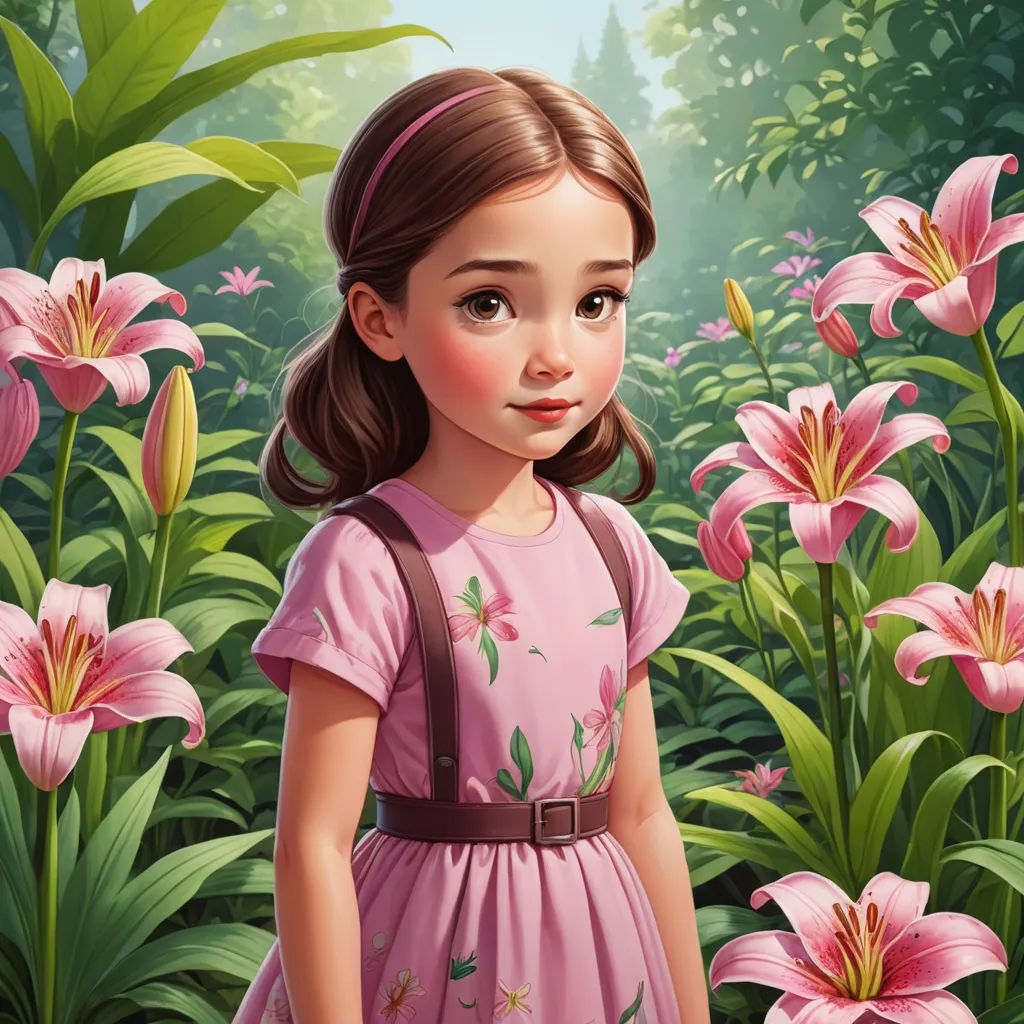 a painting of a little girl in a pink dress standing in a field of flowers with pink lilies, photorealism, a storybook illustration, Chen Lin, cgstudio