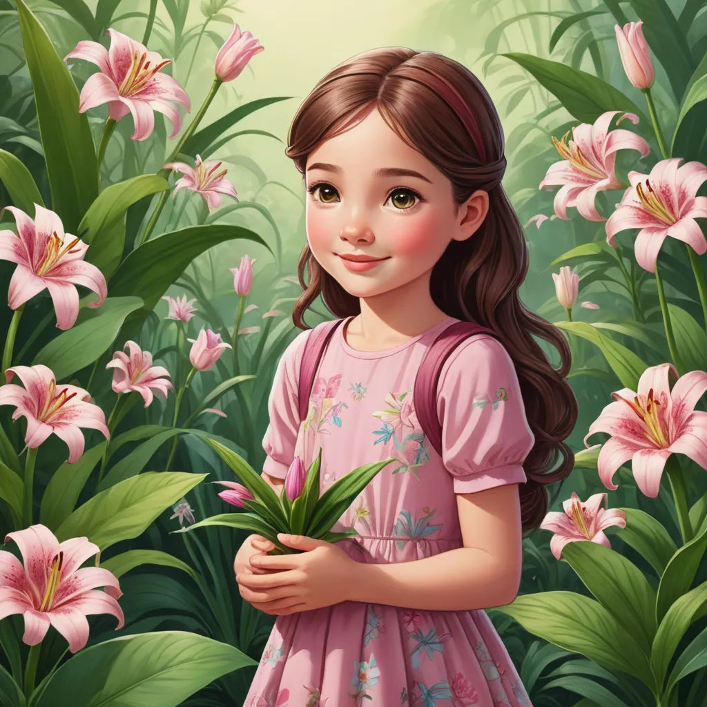 a girl in a pink dress holding a plant in a field of flowers with pink lilies in the background, fantasy art, a storybook illustration, Alice Prin, cgstudio