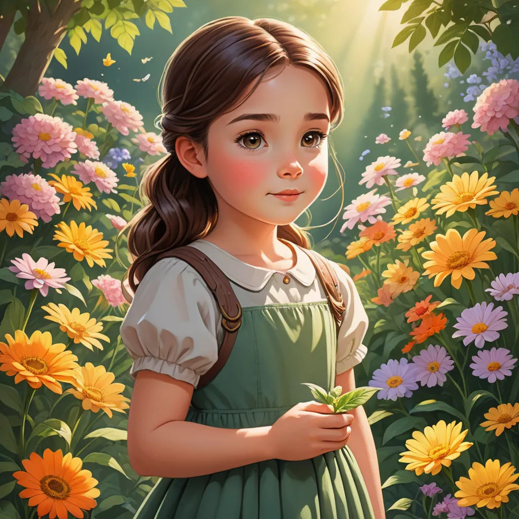a painting of a girl in a field of flowers with a sunbeam in the background and a forest full of flowers, fantasy art, a detailed painting, Alice Prin, trending on art station