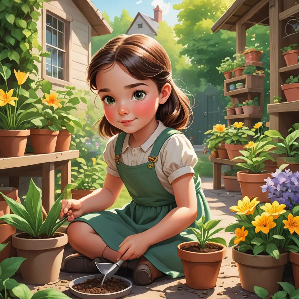 a painting of a little girl gardening in a garden with potted plants and flowers in the background,, american scene painting, a storybook illustration, Aaron Jasinski, trending on art station