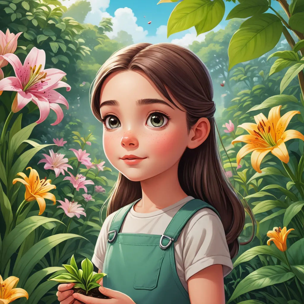 a girl holding a plant in a garden with flowers in the background and a sky background with clouds and sun, naturalism, a storybook illustration, Alice Prin, trending on art station