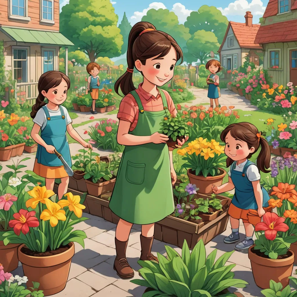 a mother and two children are in a garden with flowers and plants in pots and a house in the background, naive art, a storybook illustration, Anne Said, official art