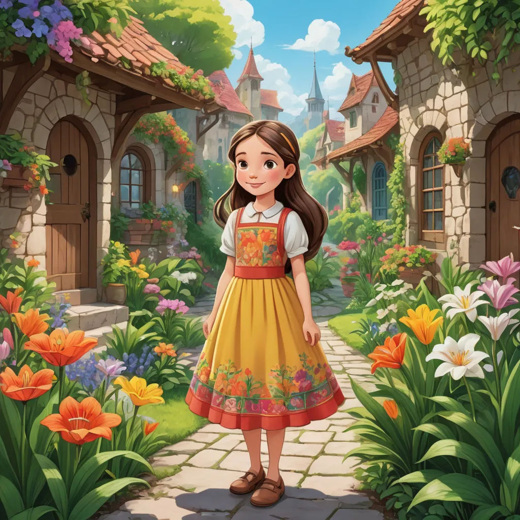 a girl in a yellow dress standing in a garden with flowers and a house in the background with a clock tower, naive art, a storybook illustration, Claire Falkenstein, official art