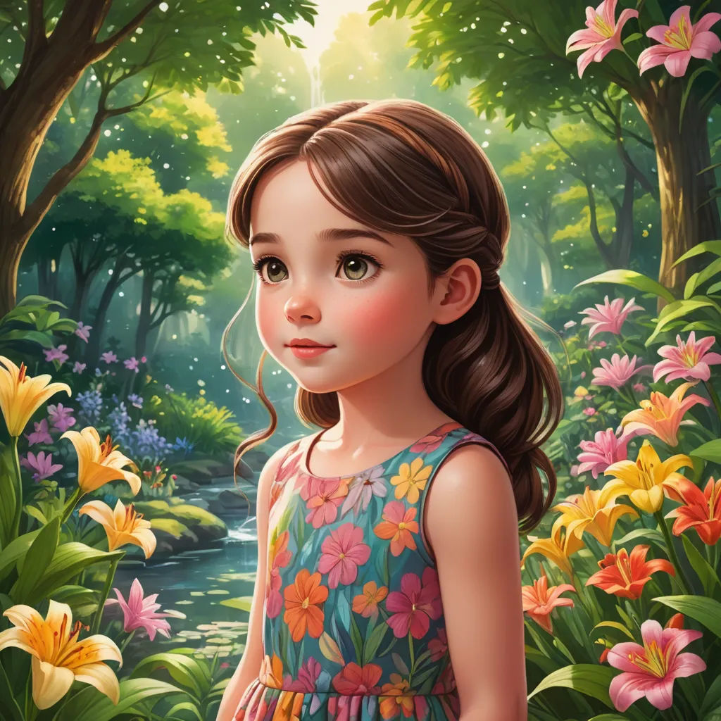 a painting of a girl in a flowery dress standing in a forest with flowers and a stream of water, fantasy art, a storybook illustration, Alice Prin, trending on art station