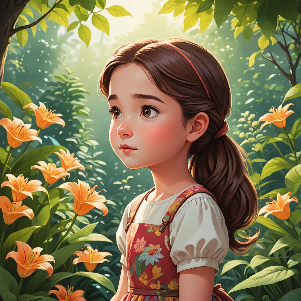 a painting of a girl in a flowery forest with orange lilies in the background and a sunbeam, fantasy art, a storybook illustration, Alice Prin, trending on art station