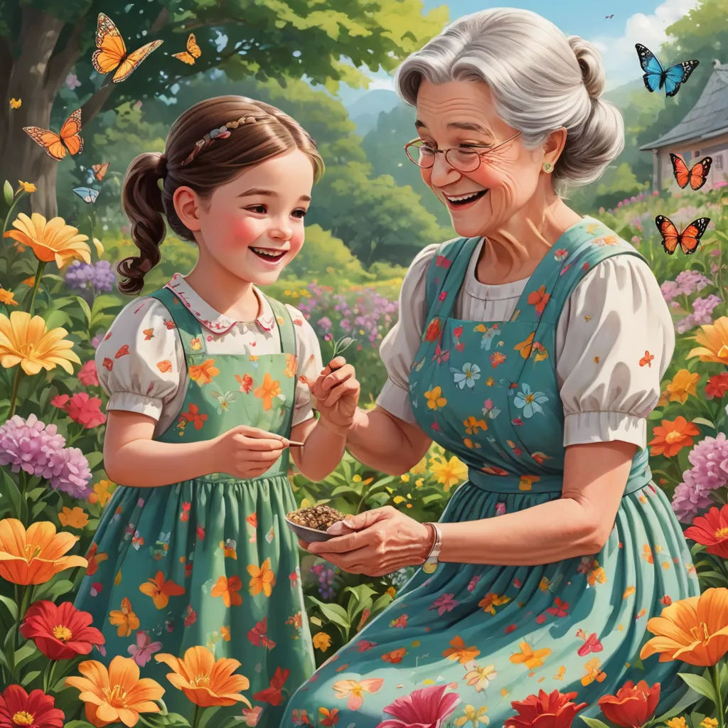 a painting of an older woman and a young girl in a flower garden with butterflies flying around her and a bird in her hand, american scene painting, a storybook illustration, Bob Byerley, highly detailed digital painting