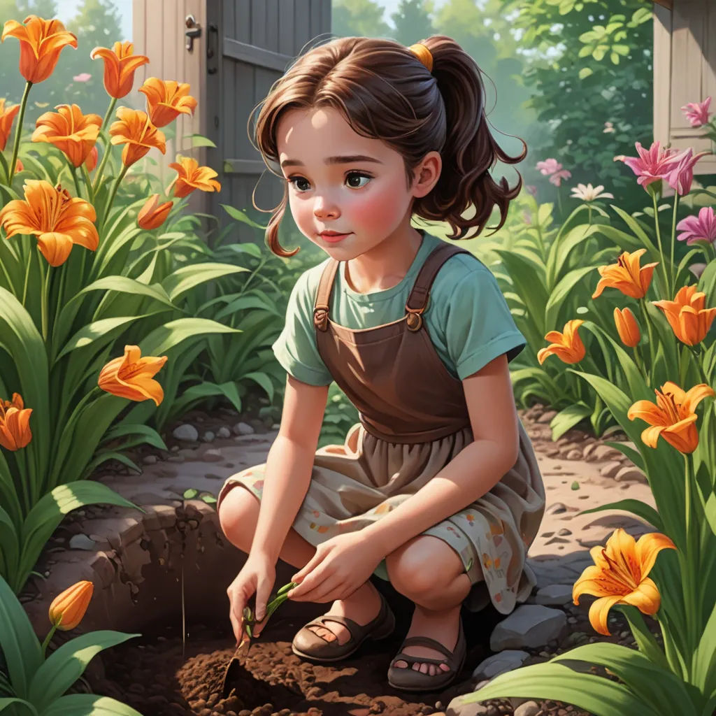 a painting of a little girl digging in the dirt with flowers in the background and a shed in the background, fantasy art, a storybook illustration, Bob Byerley, highly detailed digital painting