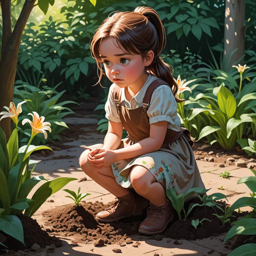 a painting of a little girl kneeling down in the dirt with a flower in her hand and a tree in the background, photorealism, an oil painting, Alejandro Burdisio, cgstudio
