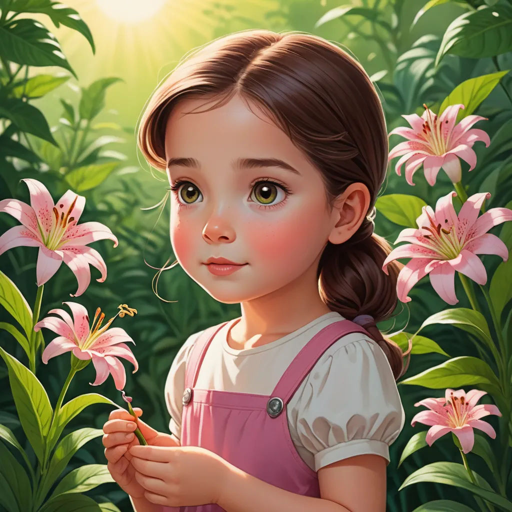 a painting of a little girl holding a flower in a field of flowers with the sun shining through the leaves, fantasy art, a detailed painting, Chen Lin, cgstudio