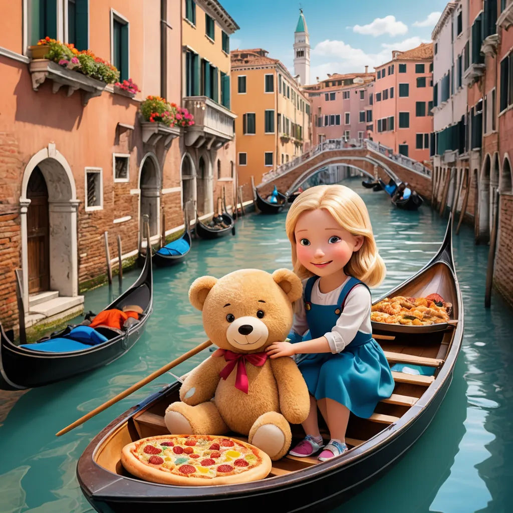 a girl sitting in a boat with a stuffed bear and pizza on it in a canal with gondolas and buildings, photorealism, a storybook illustration, Evgeny Lushpin, photorealistic imagery