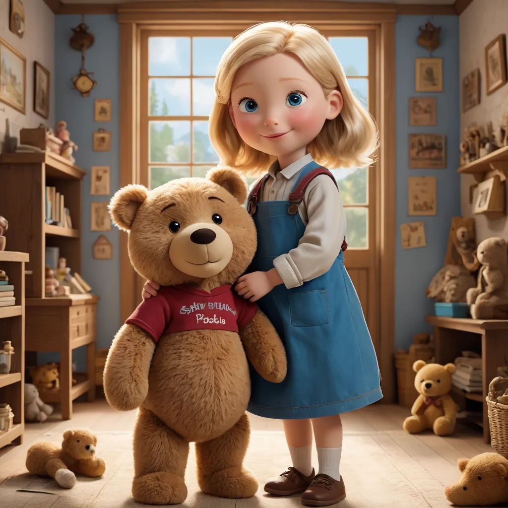 a girl in a blue dress holding a brown teddy bear in a room with teddy bears on the floor, photorealism, a character portrait, disney, pixar and disney animation