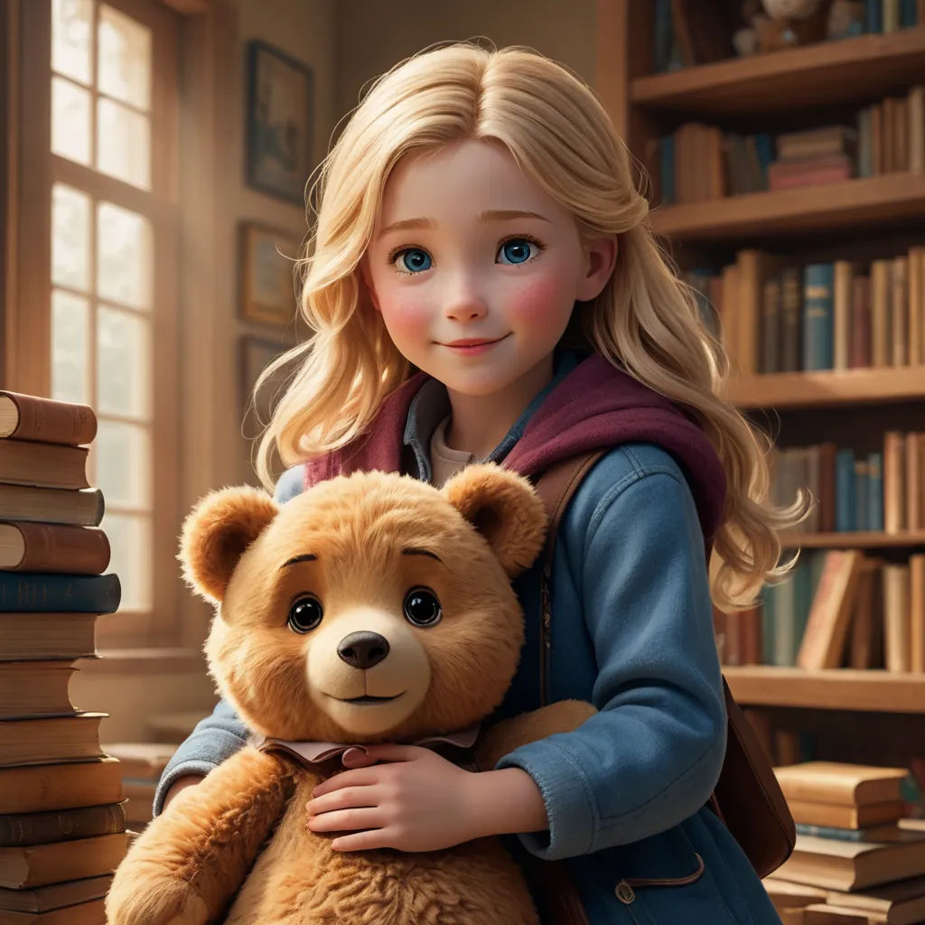 a girl holding a teddy bear in a library with books on the shelves behind her and a teddy bear in the foreground, photorealism, a 3D render, Evaline Ness, cgstudio