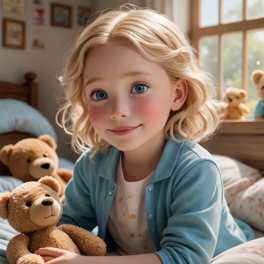 a little girl sitting on a bed with a teddy bear in her hand and a window behind her,, photorealism, a stock photo, Caroline Lucy Scott, unreal engine highly rendered