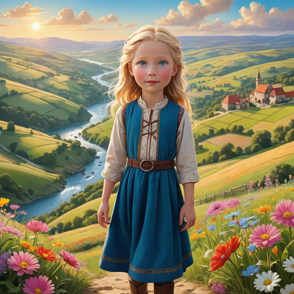 a painting of a little girl standing in a field of flowers with a river in the background and a house in the distance, fantasy art, a storybook illustration, Bob Byerley, kinkade