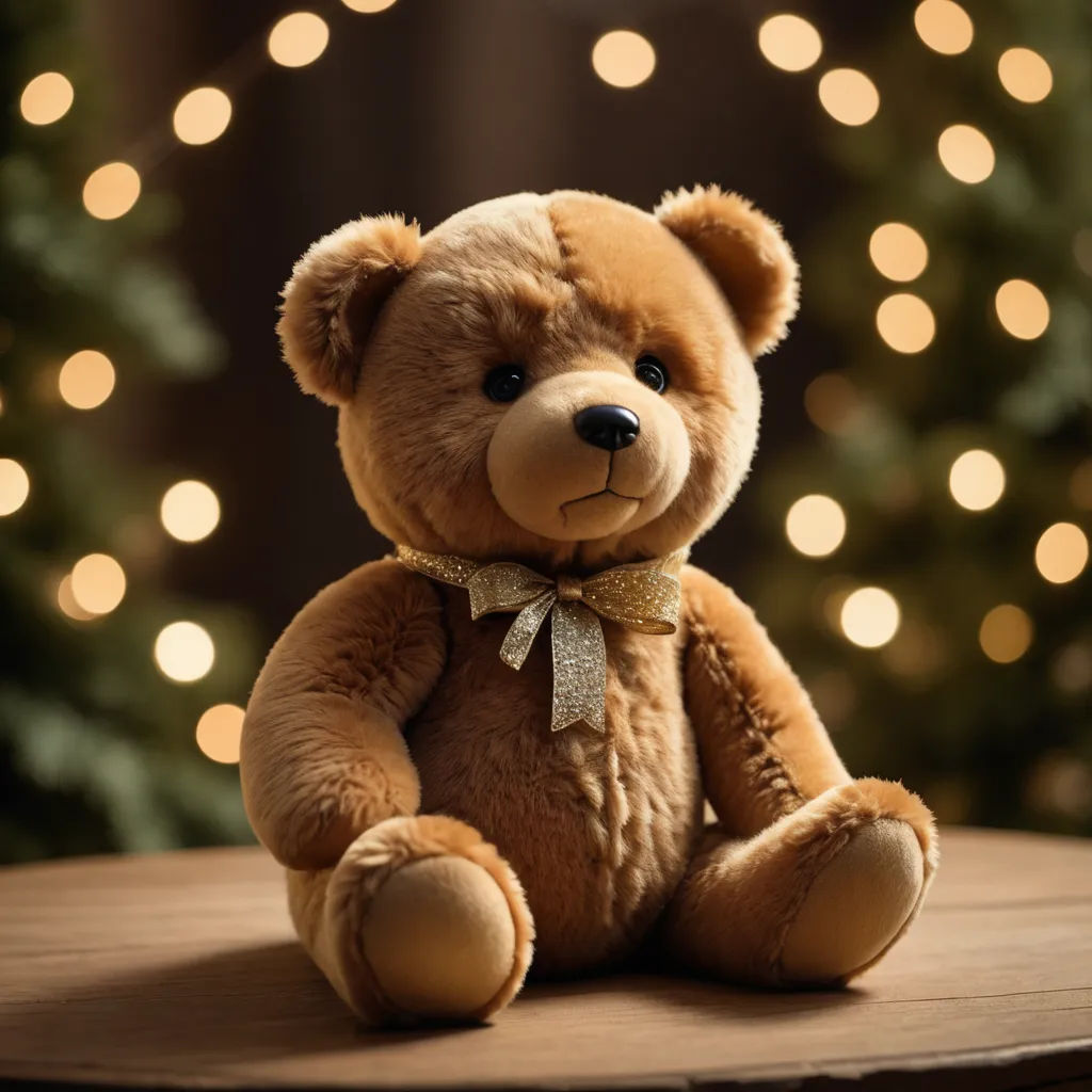 a teddy bear sitting on a table with a christmas tree in the background with lights on it and a teddy bear sitting on a table, kitsch movement, a stock photo, Ernest William Christmas, unreal engine 5 quality render