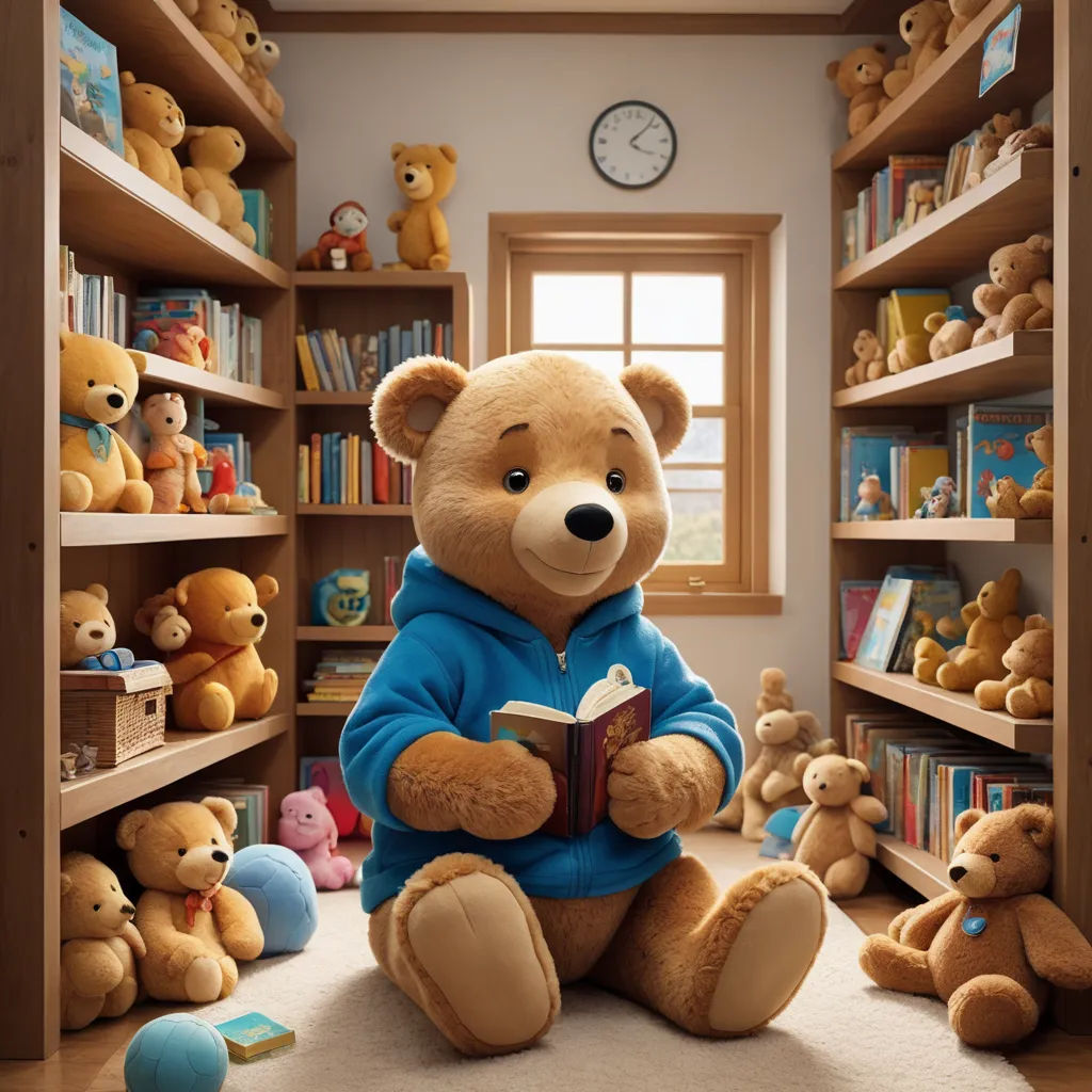 a teddy bear sitting in a room with books and stuffed animals around it and a clock on the wall, furry art, a storybook illustration, Chris LaBrooy, storybook illustration