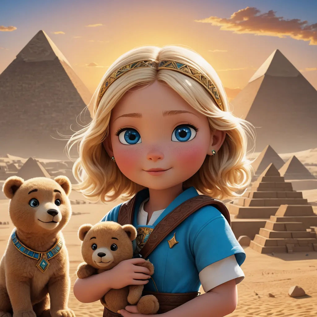a cartoon girl holding a teddy bear and a teddy bear in front of a pyramids background with a girl holding a teddy bear, furry art, egyptian art, disney, promotional image