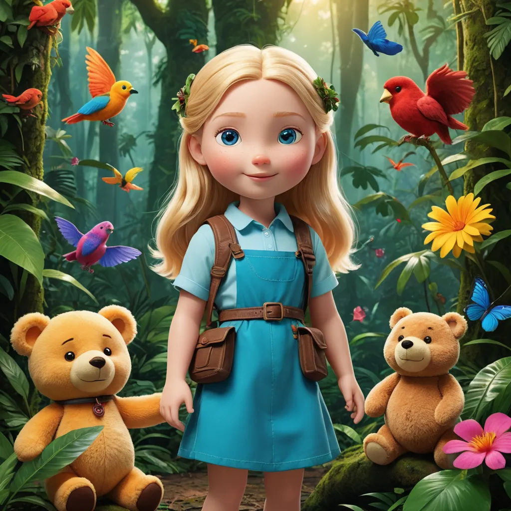 a girl in a blue dress standing in a forest with two teddy bears and a bird on her shoulder, photorealism, poster art, Cliff Childs, promotional image