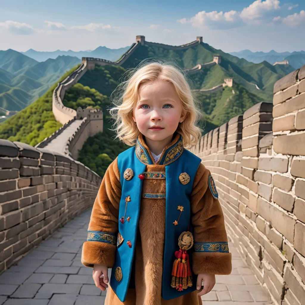 a little girl standing on a wall with a blue and brown coat on her shoulders and a blue and brown scarf on her head, cloisonnism, a storybook illustration, Chris LaBrooy, award - winning photography