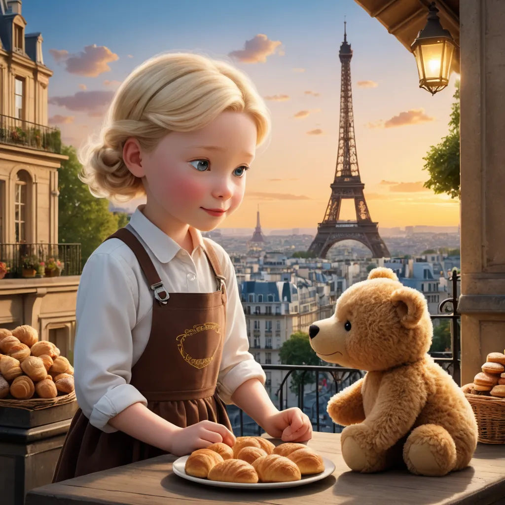 a little girl is holding a teddy bear and a plate of food in front of a view of the eiffel tower, paris school, a detailed matte painting, Anne Said, promotional image